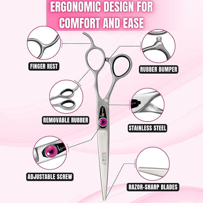 Kenchii Love Dog Grooming Scissors, Dog Scissors for Grooming, Professional Pet Grooming Scissors, Ergonomic & Comfortable (7.0" Curved)