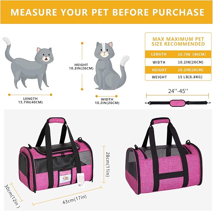 SECLATO Airline Approved Cat Carrier, Soft-Sided Pet Travel Carrier for Cats and Small Dogs up to 15lbs, TSA Approved Under Seat Carrier with Collapsible Bowl, 17x12x11 Inch, Red