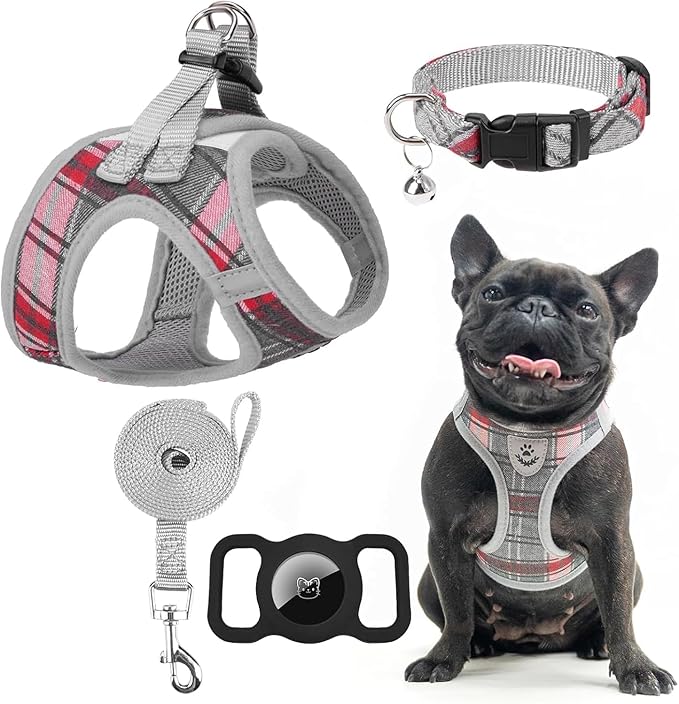 EXPAWLORER Classic Plaid Puppy Harness - Small Dog Harness and Leash Set - Dog Collar and Leash Set with AirTag Holder, Soft Padded Step in Dog Vest Harness No Pull Reflective for Outdoor, Grey XXS
