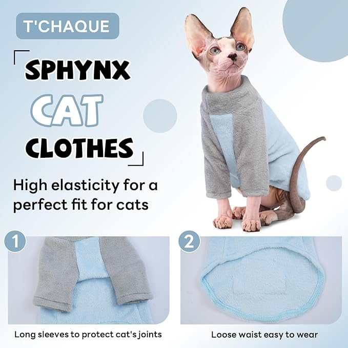 T'CHAQUE Sphynx Cat Clothes, Soft Fleece Winter Sweaters for Hairless Cats, Warm Pajama Jumpsuit with Sleeves and Hoodie, Cozy Pullover Outfit for Kittens