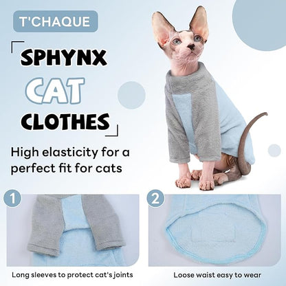 T'CHAQUE Sphynx Cat Clothes, Soft Fleece Winter Sweaters for Hairless Cats, Warm Pajama Jumpsuit with Sleeves and Hoodie, Cozy Pullover Outfit for Kittens