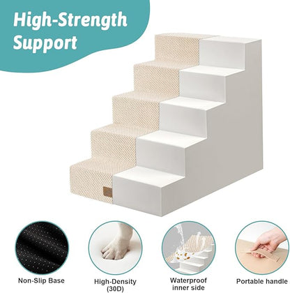 COZY KISS Dog Stairs for Small Dogs, 5 Tier Wider Pet Stairs for High Beds, 23.6" H Non-Slip Dog Steps for Old Cats, Puppies, Small Medium Dogs, 19.7x29.5x23.6 inch, Beige