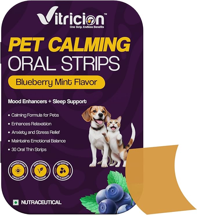 Vitricion Pet Calming Oral Strips for Dogs and Cats – 30 Strips, Fast-Acting Anxiety Support Supplement with Melatonin and L-Theanine, Natural Support for Travel, Thunder, Grooming – Blueberry Mint
