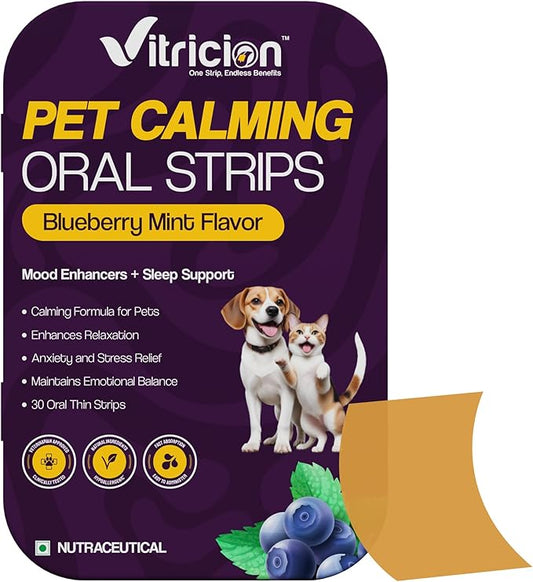 Vitricion Pet Calming Oral Strips for Dogs and Cats – 30 Strips, Fast-Acting Anxiety Support Supplement with Melatonin and L-Theanine, Natural Support for Travel, Thunder, Grooming – Blueberry Mint