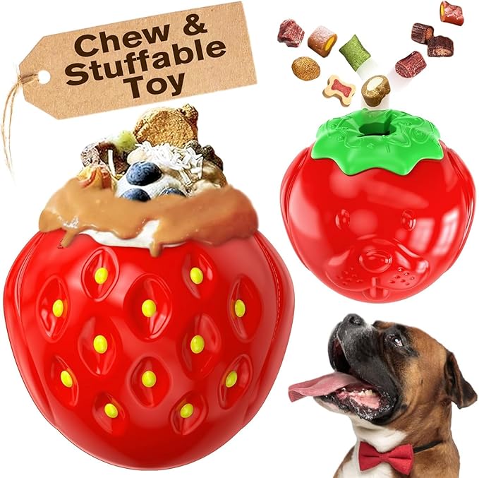 3 in 1 Large-Size Strawberry Dog Fillable Lick Treat Toy,Long-Lasting Ultimate Boredom Buster, Kibble Dispenser Food Ball & Dogs Chew Toys BPA-Free