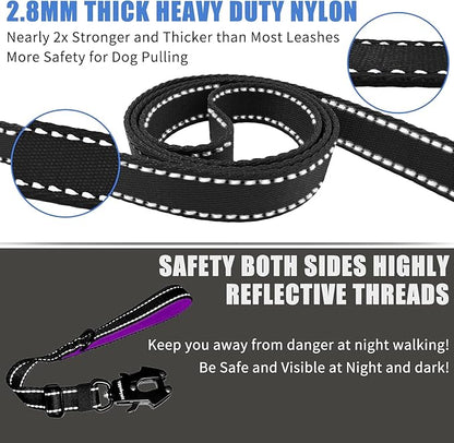 Strong Heavy Duty Dog Leash - Adjustable 15"-18" Reflective Nylon Training Leash with Padded Handle & Frog Clip, Traffic Control for Large Medium Dogs, No Pull Walking Black Purple