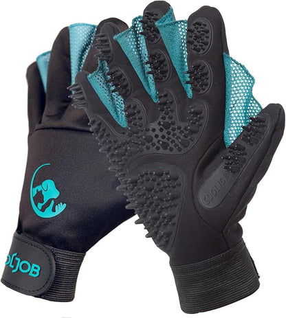 COOLJOB Patented Pet Grooming Gloves with Web, Reusable Washable Cleaning Brush Massage Hair Remover for Short Long Haired Dog Cat Horse Animal, Washing Bathing Shedding Supplies, Large, Blue Black