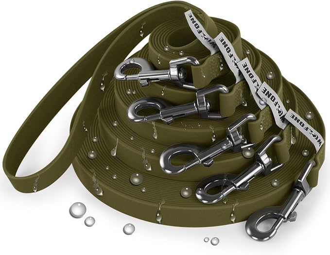 Wolfone 30ft Army Green Long Leash - Waterproof Training Dog Leash for Recall, Swimming, Camping, Beach, Hunting, Walking