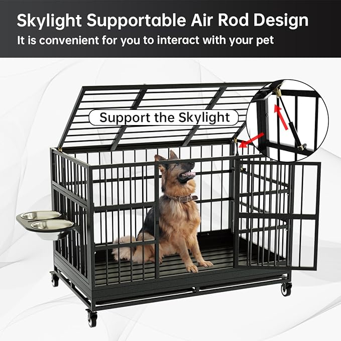 Snuowu 48 Inch Heavy Duty Dog Crate with Wheels and Unique Air Lift Rod, Folding Metal Big Dog Cage for Large Dogs, Extra Large XL XXL Indestructible Dog Crate with Removable Tray.