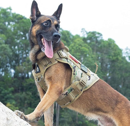Tactical Dog Harness Vest with Handle, Military Dog Harness for Large Medium Dogs,No-Pull Service Dog Vest with Hook & Loop Panels,Adjustable Dog Vest Harness for Walking Hiking Training（Camo）