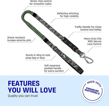 DF Co. Bungee Dog Leash | Strain Free & Shock Resistant for Control | Neoprene Padded Handle, Heavy-Duty Carabiner Clip, and D-Ring | Green Camo, Size Small