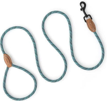 Mile High Life Small Dog Leash, Thin Rope Leash with Genuine Leather Connection and Heavy Duty Metal Clasp, Great for Small Medium Dogs(Turquoise Green, 72 Inch-1/3)