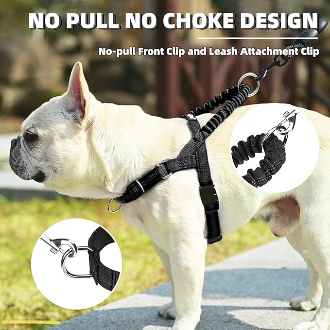 PUPTECK No Pull Dog Harness for Large Dogs, Adjustable Reflective Pet Vest Harness with Bungee Handle, Escape Proof No Choke Harness for Large Dogs Walking Training, Black L