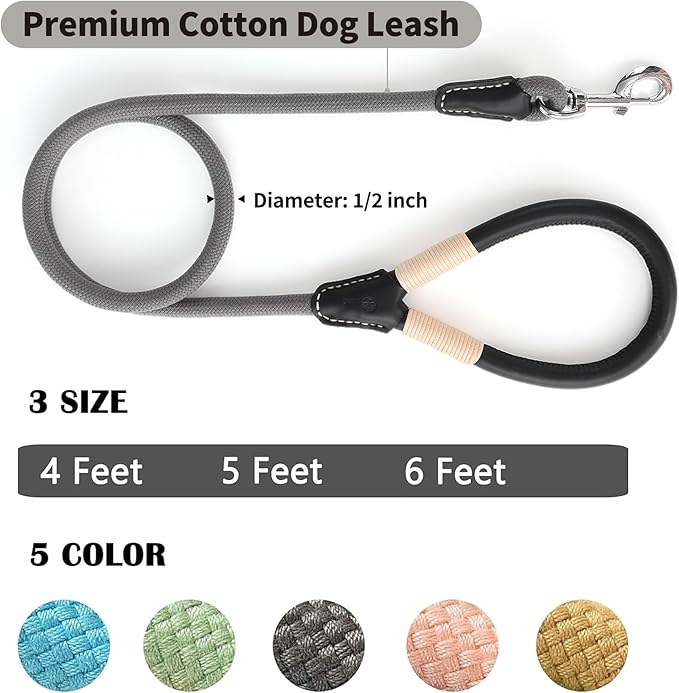 Mile High Life Genuine Leather Wrapped Handle Dog Leash, w Heavy Duty Clasp Rope Leash for Small Medium Large Dogs (Gray, 5FT)