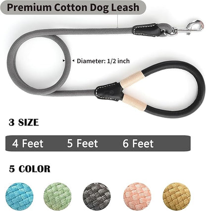 Mile High Life Genuine Leather Wrapped Handle Dog Leash, w Heavy Duty Clasp Rope Leash for Small Medium Large Dogs (Gray, 5FT)