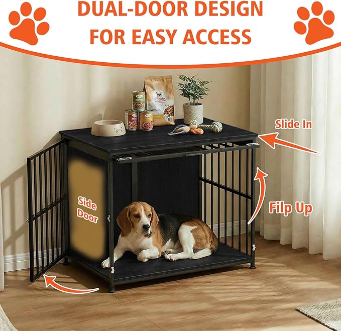 31.5" Dog Crate Furniture with Flip Door, Wooden Dog Kennel Indoor, Heavy Duty Pet Cage for Small Medium Dogs, Double Door Pet House End Table, Black