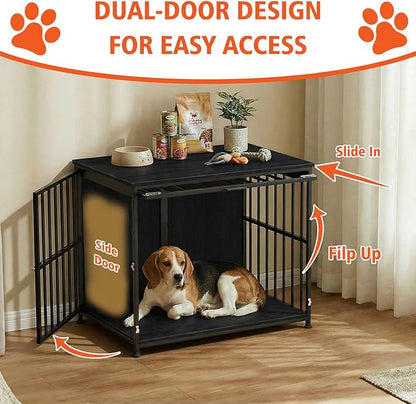 31.5" Dog Crate Furniture with Flip Door, Wooden Dog Kennel Indoor, Heavy Duty Pet Cage for Small Medium Dogs, Double Door Pet House End Table, Black