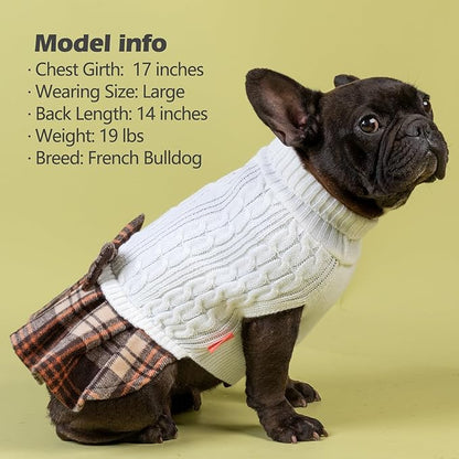 KYEESE Dog Sweater Warm Pullover Pet Coats Comfy Knitwear Dog Sweaters for Small Dogs Girl Stretchy Dogs Clothes with Bowtie Soft Turtleneck Pet Sweater Dress, White, Large