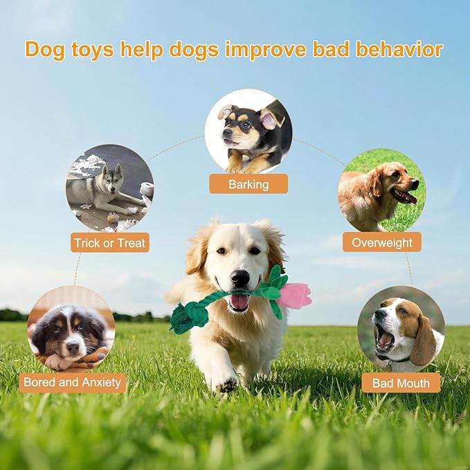 Rose Flower Plush Squeaky Dog Toys with Crink Paper for Small Medium Large Dogs