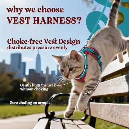 rabbitgoo Cat Harness and Leash for Walking, Escape Proof Soft Adjustable Vest Harnesses for Cats, Easy Control Breathable Reflective Strips Jacket, Red & Teal, M
