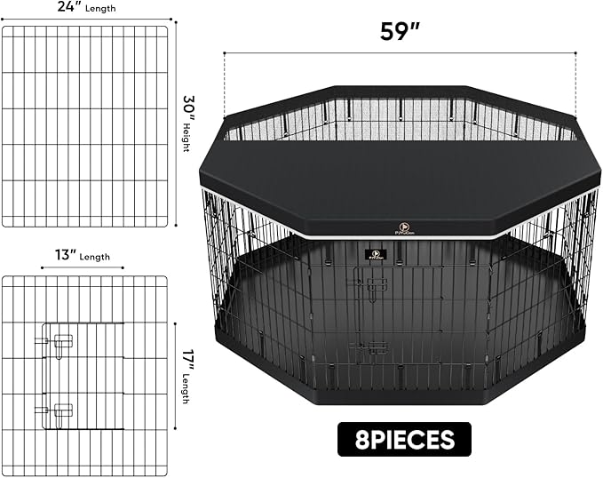 PJYuCien Dog Playpen - Metal Foldable Dog Exercise Pen, Pet Fence Puppy Crate Kennel Indoor Outdoor with 8 Panels 30”H & Top Cover and Bottom Pad for Small Medium Pets