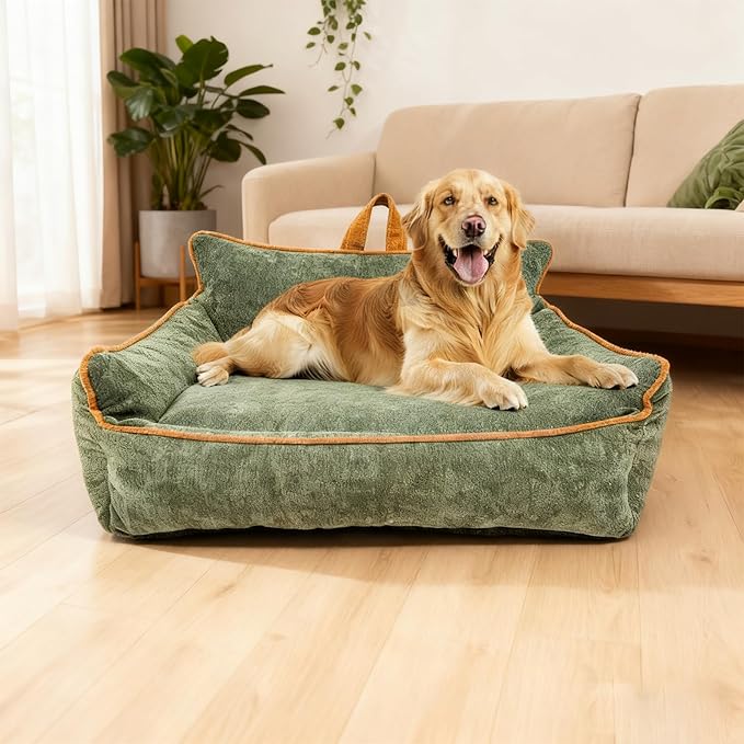RAFASAFA Large Orthopedic Dog Sofa Bed with Sides, Carry Handle & Side Pockets .Plush Chenille Orthopedic Pet Bed Couch for Large Dogs.Portable Snuggler for Indoor Use, Travel & Recovery (Green)