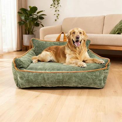 RAFASAFA Large Orthopedic Dog Sofa Bed with Sides, Carry Handle & Side Pockets .Plush Chenille Orthopedic Pet Bed Couch for Large Dogs.Portable Snuggler for Indoor Use, Travel & Recovery (Green)