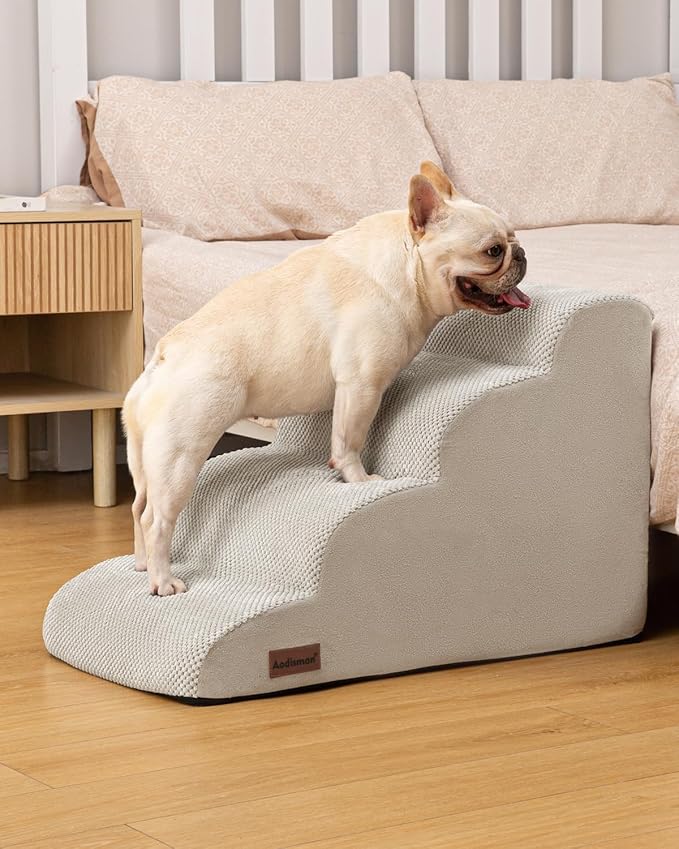 Aodisman Dog Stairs Ramp for Bed and Couch,4 Step Dog Steps for Small Dogs,Pet Stairs with Non-Slip Bottom for Old Cats,Indoor Pet Steps,Comfort,Durable,17.4" H,Light Grey