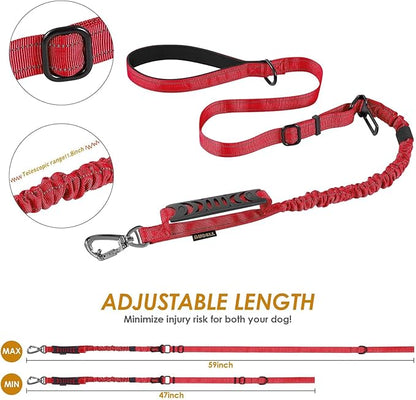 AUBELL Tactical Dog Leash Heavy Duty,4-6ft Reflective Strong No Pull Bungee Leash for Medium Large Dogs with Comfortable Padded Double Handle,Car Seat Belt,360 Degree Rotating Carabiner,Red