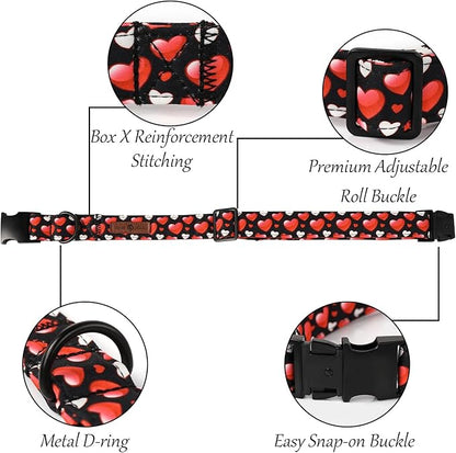 Lionet Paws Valentine's White Dog Collar, Cute Heart Black Dog Collar for Large Dogs, Adjustable Cotton Love Pet Collars for Medium Large Dogs