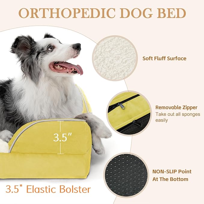 Comfort Expression Orthopedic Dog Bed for Medium Dogs 28x19 Inch, Waterproof Egg Crate Foam Medium Pet Bed with Removable Bolsters, Dog Couch with Washable Cover & Non-Slip Bottom, Spicy Mustard