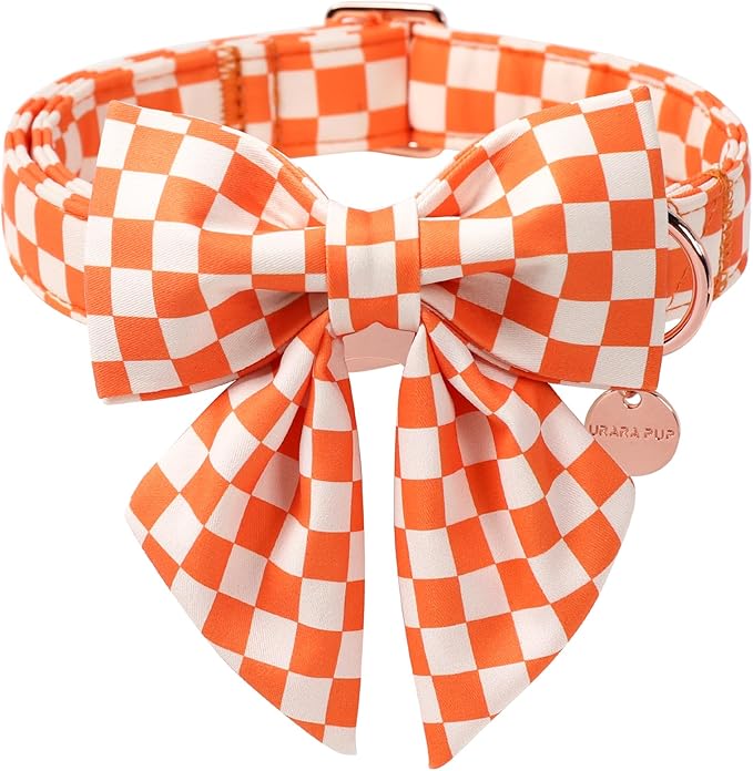 Fall Dog Collar with Bow Tie, Orange Plaid Bowtie Dog Collar, Autumn Bowtie Collars for Puppy Boy Girl Dogs, Comfortable Cotton Dogs Collars with Metal Buckle