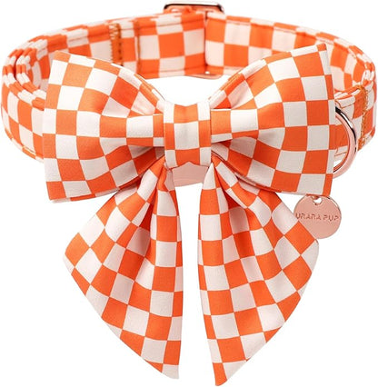 Fall Dog Collar with Bow Tie, Orange Plaid Bowtie Dog Collar, Autumn Bowtie Collars for Puppy Boy Girl Dogs, Comfortable Cotton Dogs Collars with Metal Buckle