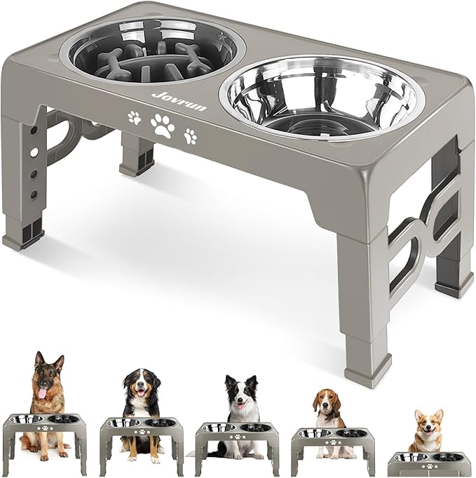 Elevated Dog Bowls, Dog Feeder with 1*Stainless Steel Dishes & 1*Slow Feeder Bowl, 5 Heights Adjustable Raised Stand for Medium Large, Food Dishes with Non-Slip Feet