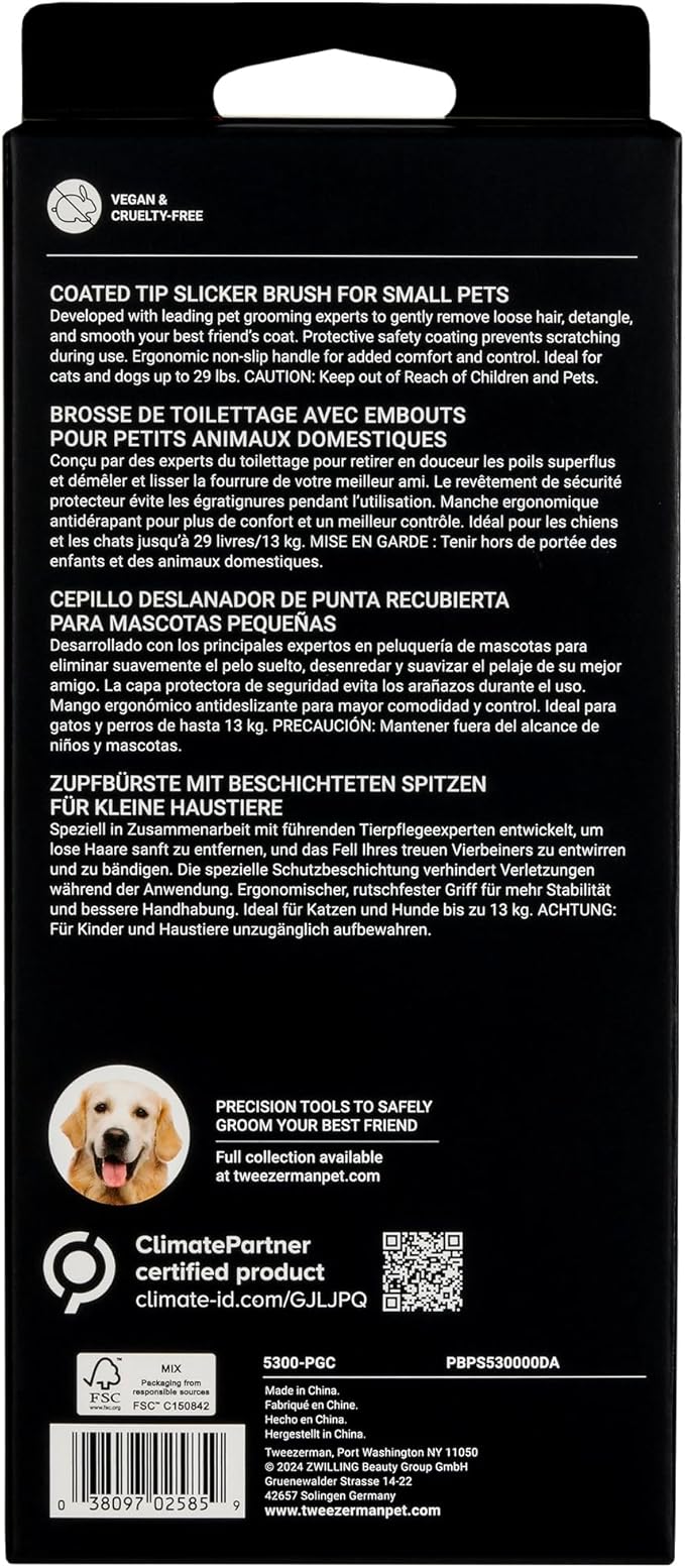 Tweezerman Dog and Cat Slicker Brush for Pets, Grooming Brush with Coated Bristles to Prevent Scratching and Ergonomic Handle