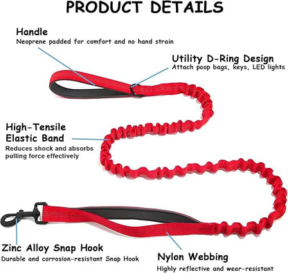 Bungee Dog Leash with Shock Absorption, Dual Handles for Pull Control, Reflective Nylon, Zinc Alloy Hook, D-Ring for Poop Bags, Red, L
