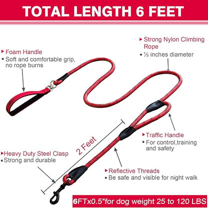 Dog Leash, 6 Foot Dog Leash, 2 Extra Padded Handles, Lockable Metal Carabiner Clip, Reflective No Pull Heavy Duty Rope Lead, Walking, Training, Running, Medium to Large Breeds（Red）