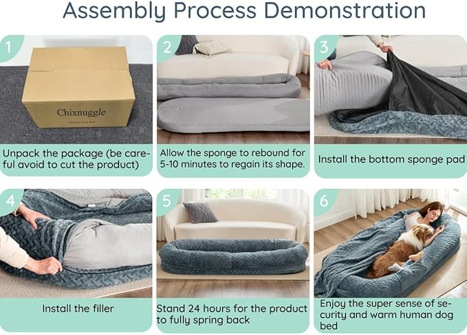 Human Dog Bed for Adult - Luxury Faux Fur Giant Size Dog Bed with Portable Handle, Egg Orthopedic Foam with Blanket, 72"x40"x10", Dark Grey