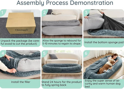 Human Dog Bed for Adult - Luxury Faux Fur Giant Size Dog Bed with Portable Handle, Egg Orthopedic Foam with Blanket, 72"x40"x10", Dark Grey