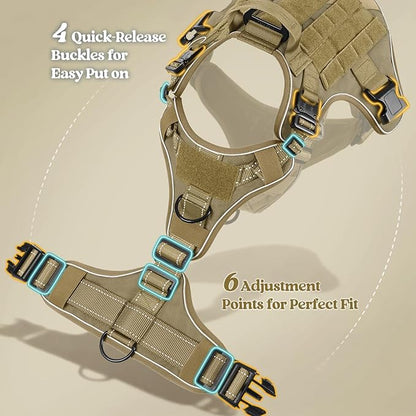 rabbitgoo Tactical Dog Harness Medium Sized, No Pull Upgraded Reflective Heavy Duty Molle Vest with Handle, Adjustable Military Service Dog Vest for Walking Hiking Training, Brown, M