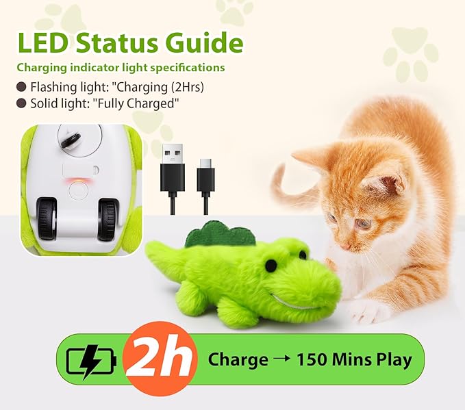 ZeLing HTL Interactive Cat Toys for Indoor Cats - Self-Charging Croc Chase Toy with 360° Motion, Wagging Tail & Catnip, Automatic Exercise Toy for Bored Kittens/Adults(Set)