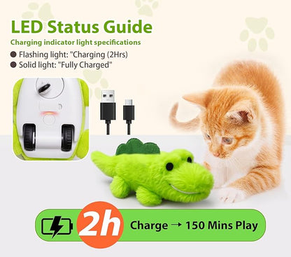 ZeLing HTL Interactive Cat Toys for Indoor Cats - Self-Charging Croc Chase Toy with 360° Motion, Wagging Tail & Catnip, Automatic Exercise Toy for Bored Kittens/Adults(Plush Fur)