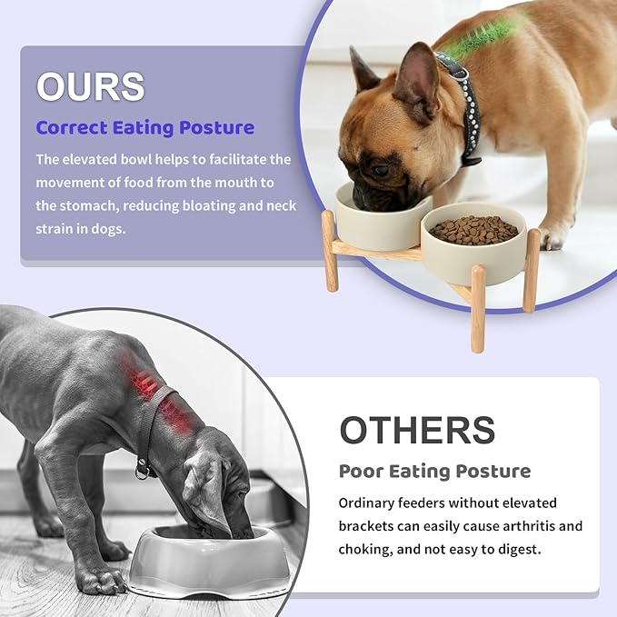 SPUNKYJUNKY Ceramics Raised Bowls with Wooden Stand - Elevated Dog Food and Water Bowl (Double 28.7OZ, Grey)