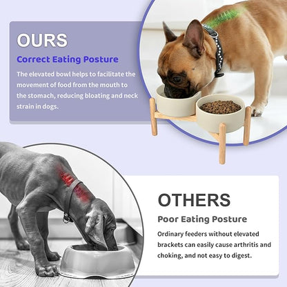 SPUNKYJUNKY Ceramics Elevated Dog Bowls with Wooden Stand - Raised Dog Bowl for Medium Large Dogs - Double 60OZ Bowls, Grey