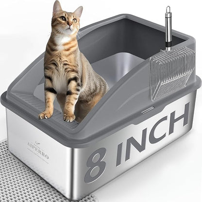 Stainless Steel Litter Box | XXL Deepened 8" Design Enclosed Box with Lid for Big Cats | High Sided, Anti-Urine Leakage | Non-Stick Bottom & Includes Litter Mat & Metal Scoop
