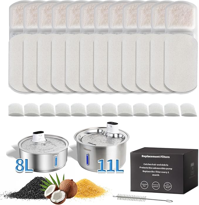 Petsamuse Smart Dog Water Fountain for Large Pets,11L/8L Stainless Steel Bowl Triple Filtration, Great for Large Dogs Cats and Multi-Pet Home (12Set Filters for 11L/8L Battery Dog Fountain)