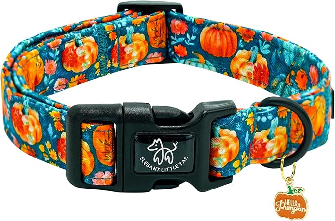 Elegant little tail Halloween Dog Collar, Pumpkin with Flower Print Blue Fall Pet Collars Cotton Soft Sturdy Puppy Collars Holiday Female Adjustable Collar for Medium Dogs