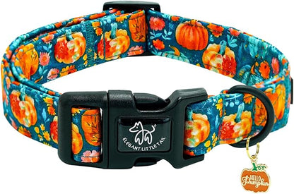 Elegant little tail Halloween Dog Collar, Pumpkin with Flower Print Blue Fall Pet Collars Cotton Soft Sturdy Puppy Collars Holiday Female Adjustable Collar for Medium Dogs