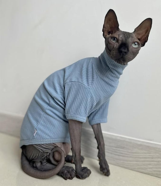 Sphynx Hairless Cats Shirt Cotton Cat Turtleneck Sweater Pullover Kitten T-Shirts with Sleeves Cat Pajamas Jumpsuit for Sphynx Cornish Rex, Devon Rex, Peterbald (Sky Blue, XX-Large (Pack of 1))