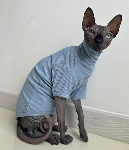 Sphynx Hairless Cats Shirt Cotton Cat Turtleneck Sweater Pullover Kitten T-Shirts with Sleeves Cat Pajamas Jumpsuit for Sphynx Cornish Rex, Devon Rex, Peterbald (Large (Pack of 1), Sky Blue)